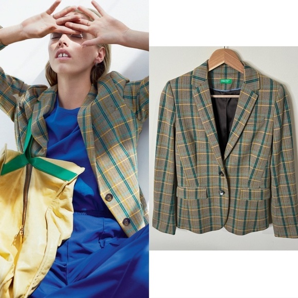 United Colors Of Benetton Jackets & Blazers - United Colors of Benetton Green Windowpane Plaid Wool Double Breasted Blazer